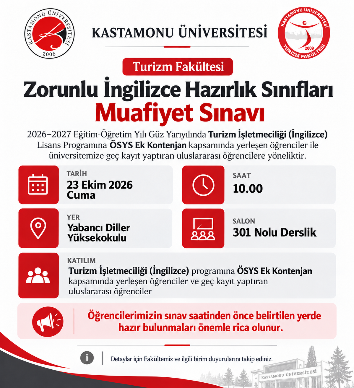 Turizm Fakültesi Zorunlu İngilizce Hazırlık Sınıfları Muafiyet Sınavı Duyurusu
